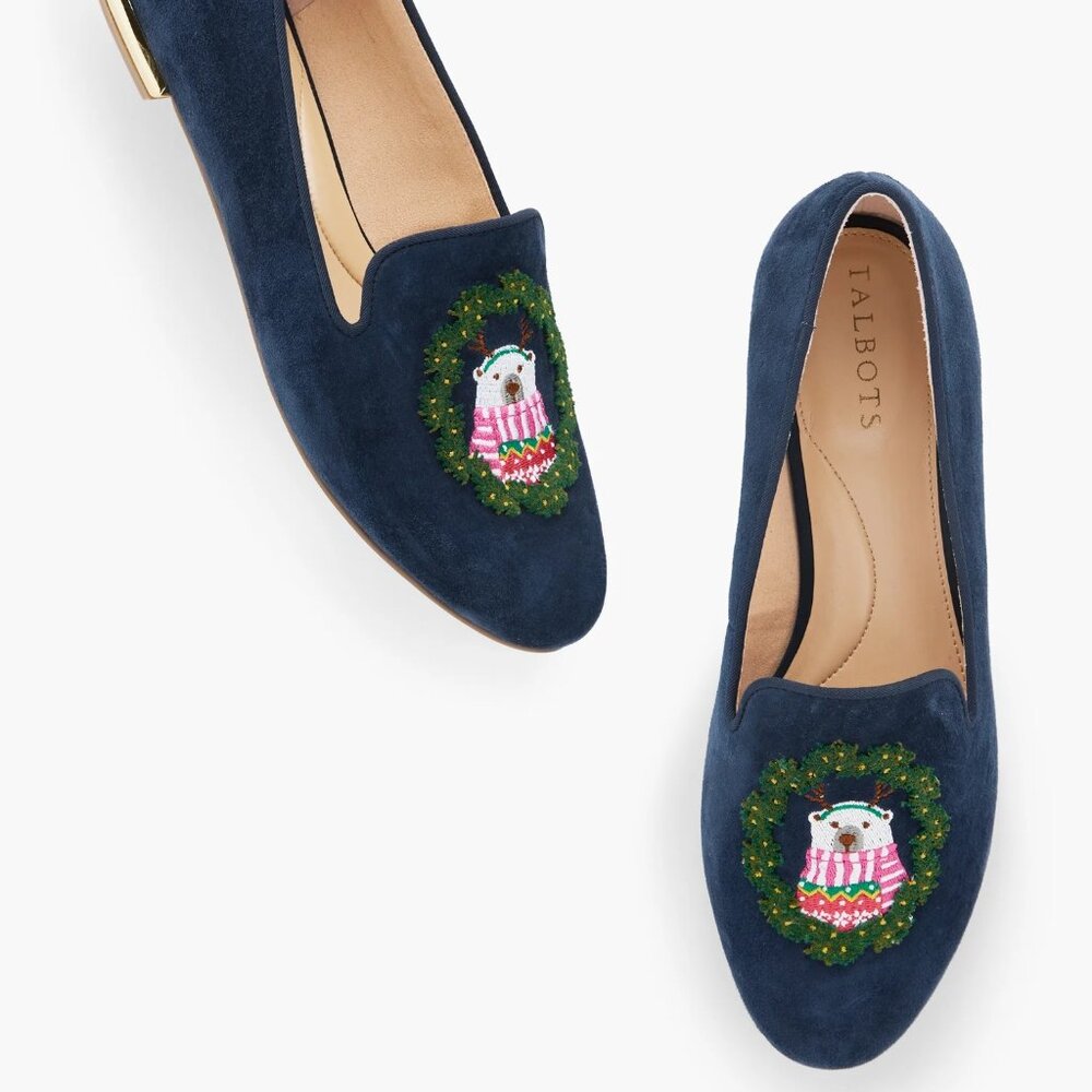 Ryan Embroidered Suede Loafers - Polar Bear - Talbots